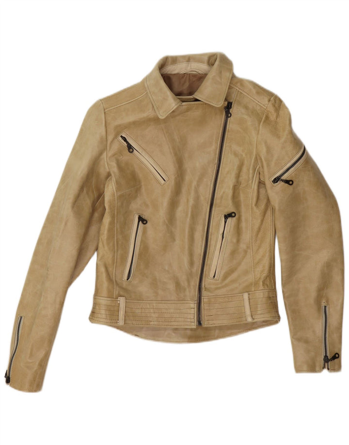 Vintage Womens Leather Biker Jacket UK 4 XS Beige