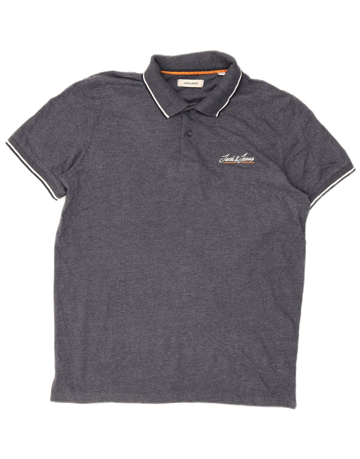 JACK & JONES Mens Polo Shirt Large Grey Striped Cotton
