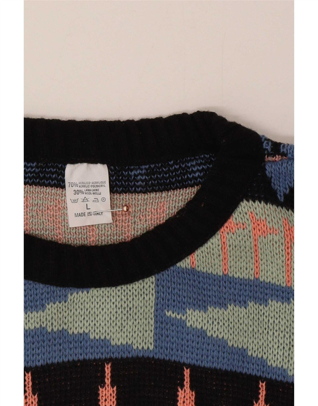 Vintage Mens Crew Neck Jumper Sweater Large Multicoloured Geometric Acrylic