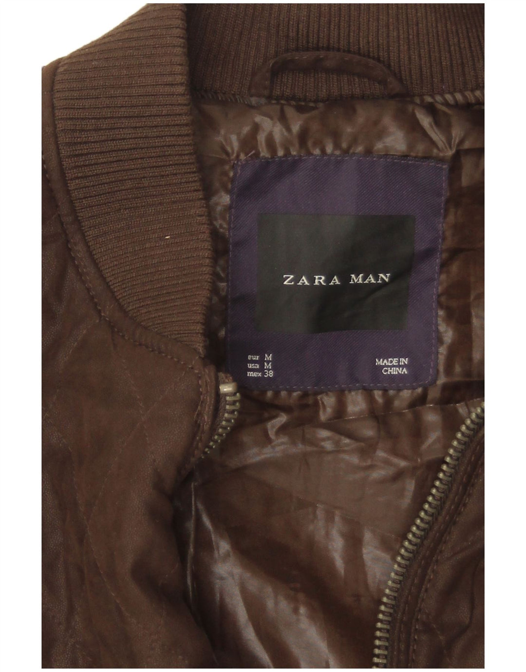 Zara Mens Quilted Bomber Jacket UK 38 Medium Brown Polyester