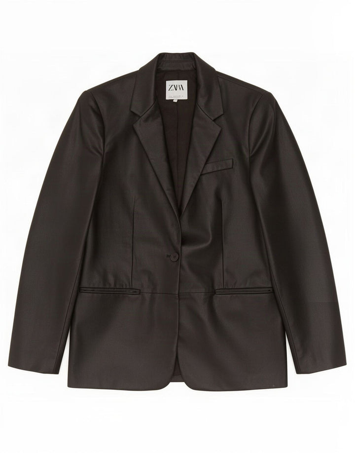 Zara Womens 1 Button Faux Leather Blazer Jacket UK 10 Small Black