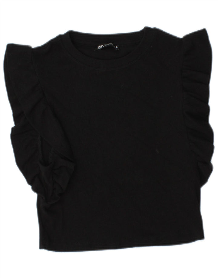 Zara Womens Crop Blouse Top UK 8 Small Black Cotton