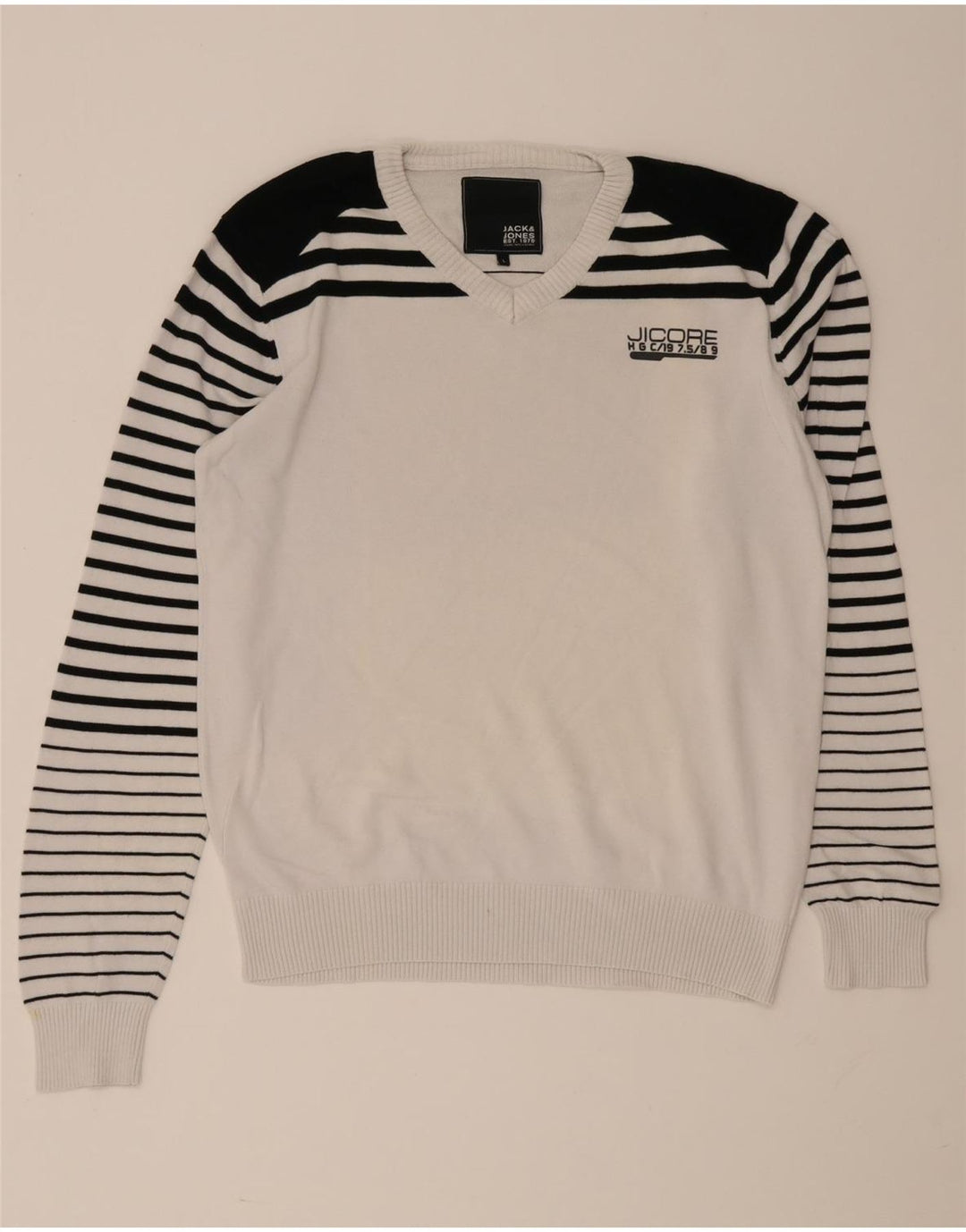 Jack & Jones Mens V-Neck Jumper Sweater Large White Colourblock