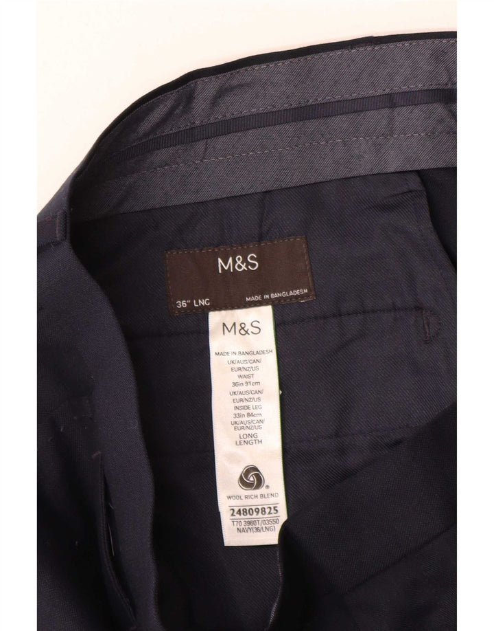 Marks & Spencer Mens Straight Chino Trousers W36 L31 Navy Blue Wool