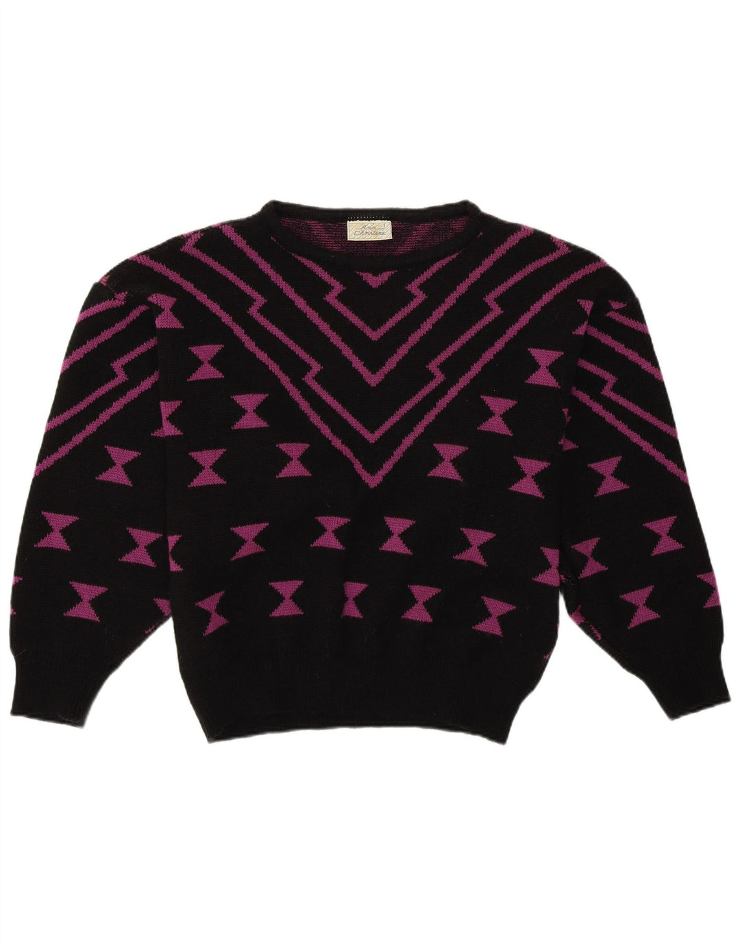 ANN CHRISTINE Womens Boat Neck Jumper Sweater UK 14 Medium Black Geometric