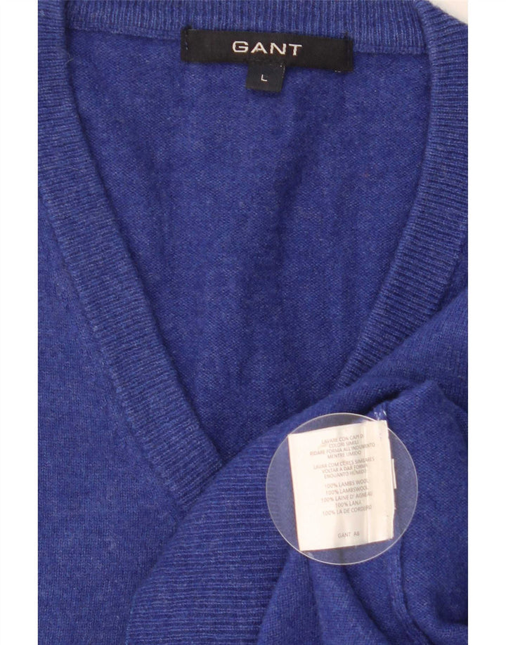 Gant Mens V-Neck Jumper Sweater Large Blue Wool