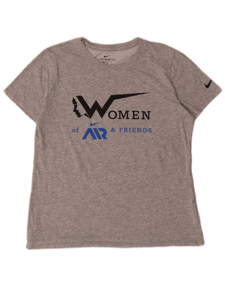 NIKE Womens Dri Fit Graphic T-Shirt Top UK 14 Medium Grey Cotton