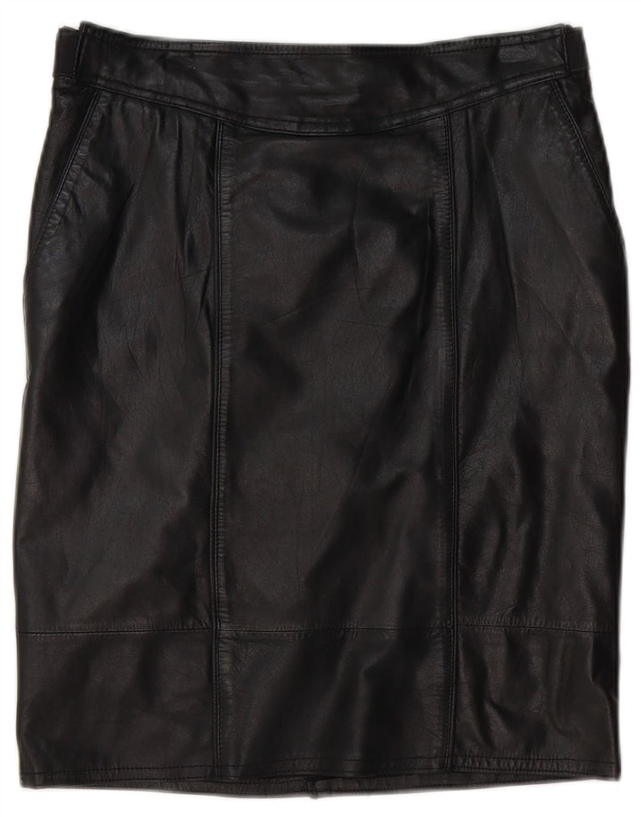 VINTAGE Womens Leather Skirt EU 36 Small W30  Black Leather