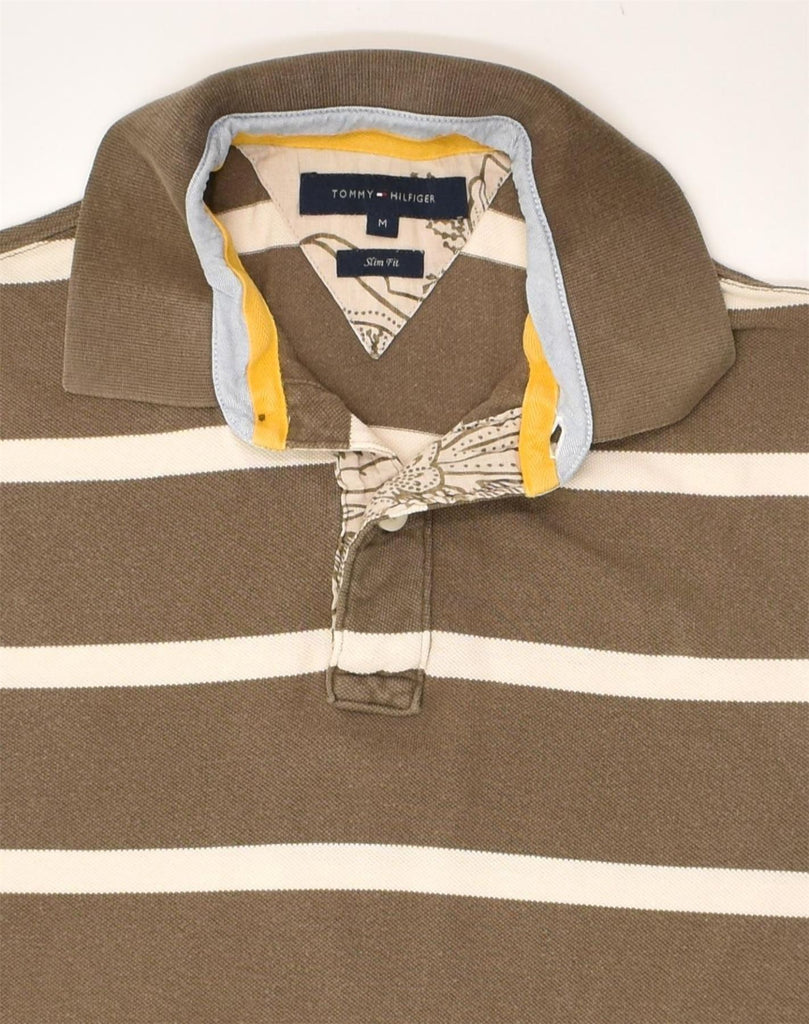 TOMMY HILFIGER Mens Slim Fit Polo Shirt Medium Khaki Striped Cotton | Vintage Tommy Hilfiger | Thrift | Second-Hand Tommy Hilfiger | Used Clothing | Messina Hembry 