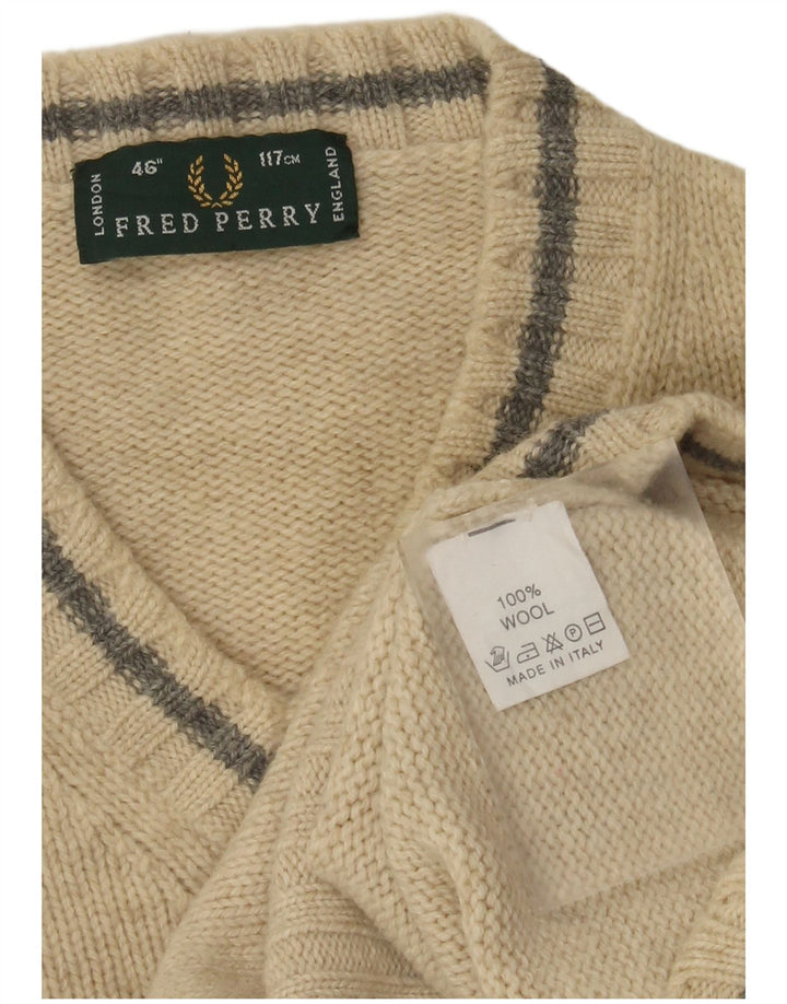 Fred Perry Mens V-Neck Jumper Sweater Large Beige Wool