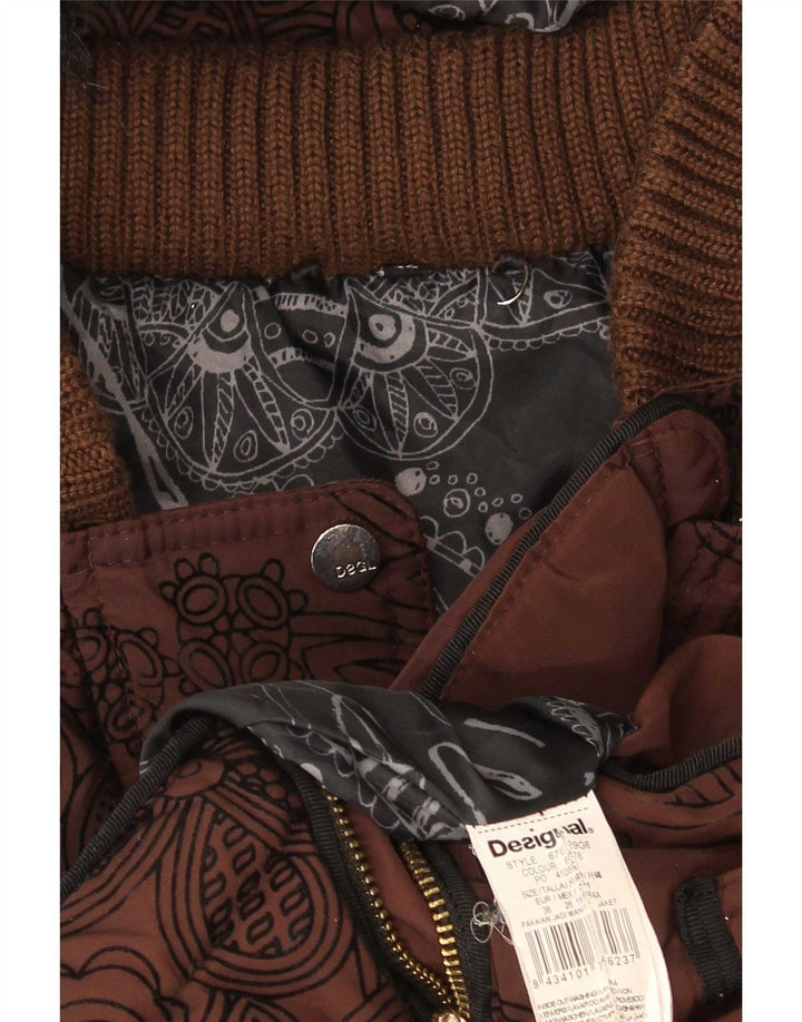 Desigual Womens Hooded Oversized Padded Jacket EU 36 Small Brown Floral