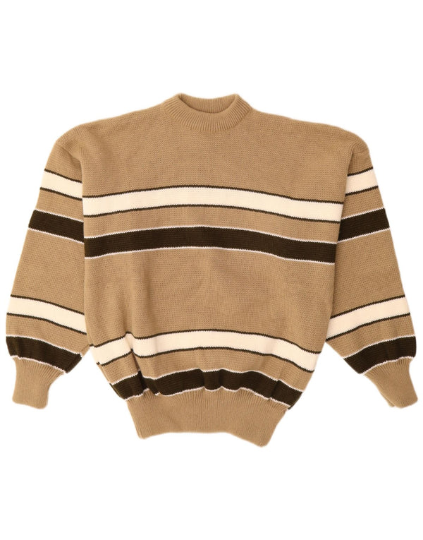 VINTAGE Mens Turtle Neck Jumper Sweater Medium Beige Striped