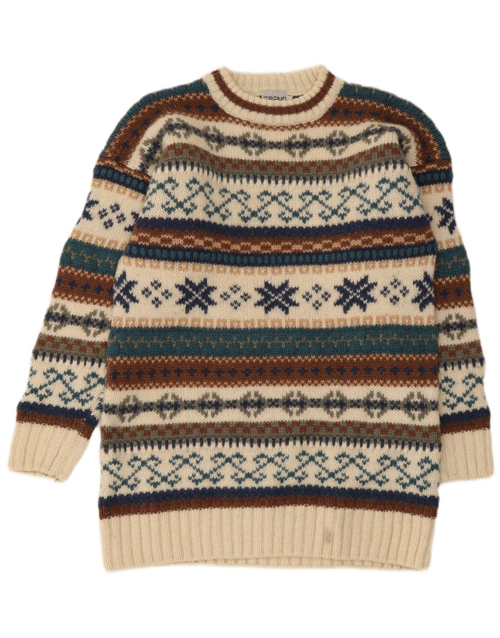Vintage Mens Crew Neck Jumper Sweater Medium Beige Fair Isle Wool
