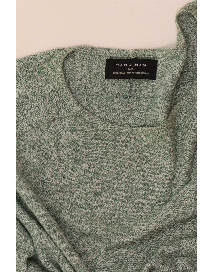 Zara Mens Boat Neck Jumper Sweater Large Green Flecked