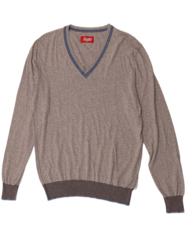 Playlife Womens V-Neck Jumper Sweater UK 16 Large Grey Flecked Cotton