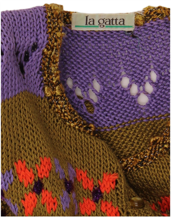 Vintage Womens Short Sleeve Cardigan Sweater UK 14 Medium Khaki Colourblock