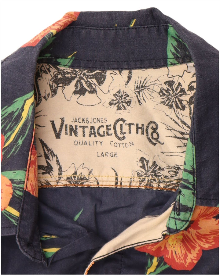 JACK & JONES Mens Short Sleeve Shirt Large Navy Blue Floral Cotton