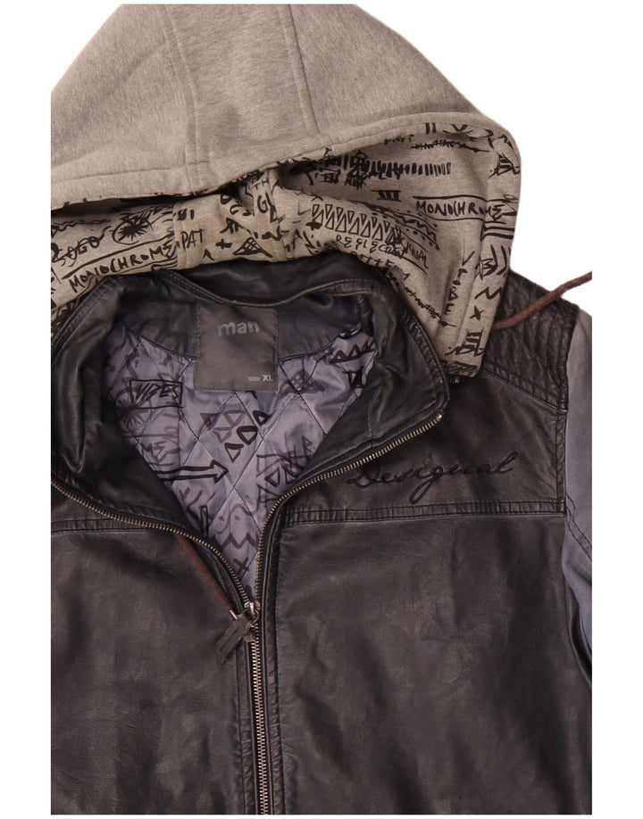 Desigual Mens Hooded Bomber Jacket UK 42 XL Navy Blue Polyurethane