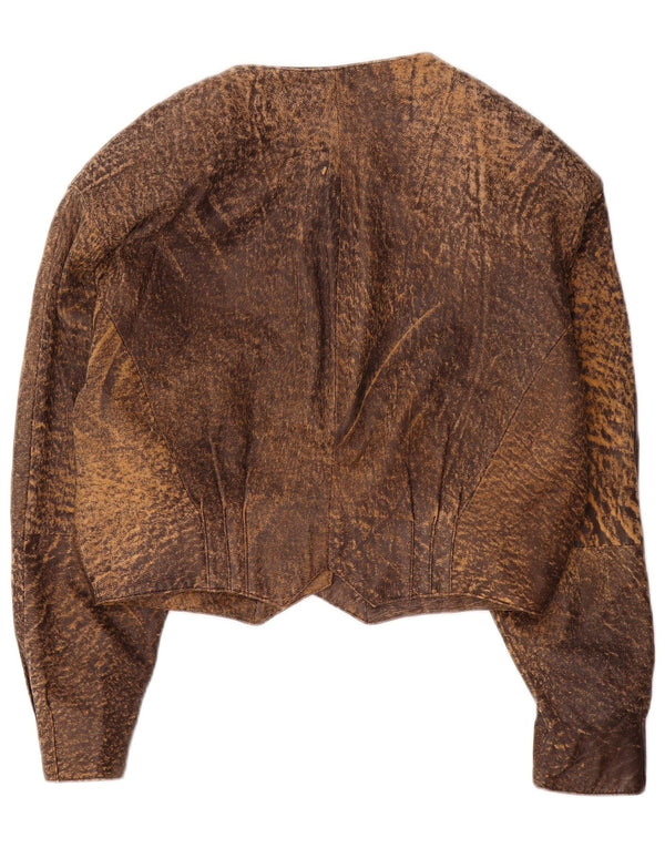 Vintage Womens Crop Leather Jacket IT 42 Medium Brown Animal Print Leather