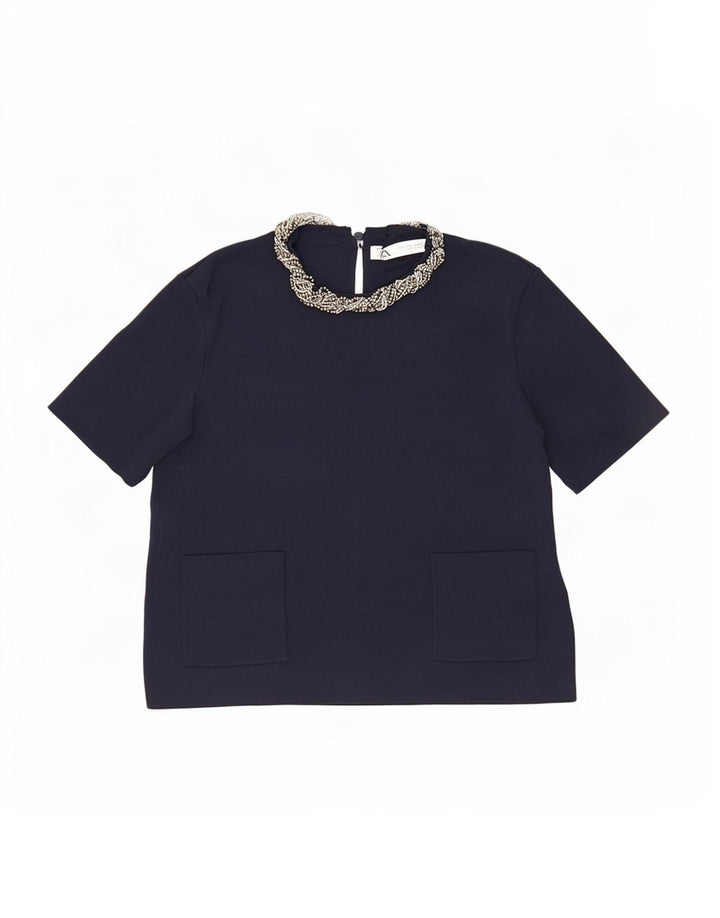 Zara Womens Crop Blouse Top UK 12 Medium Navy Blue Viscose