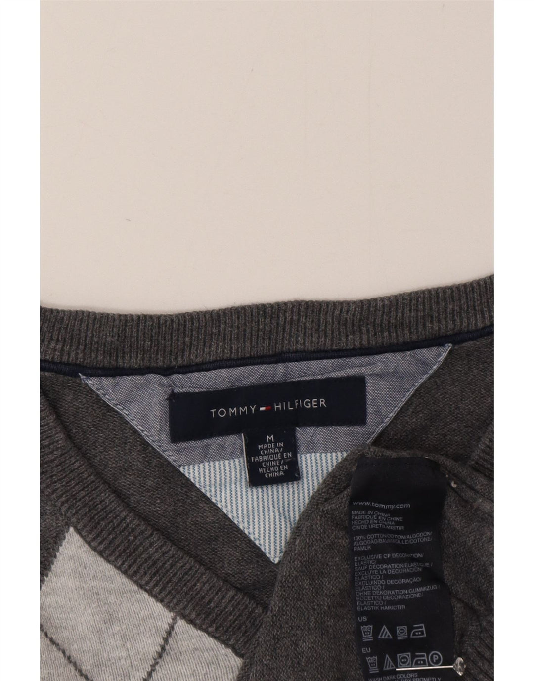 Tommy Hilfiger Mens V-Neck Jumper Sweater Medium Grey Argyle/Diamond Cotton