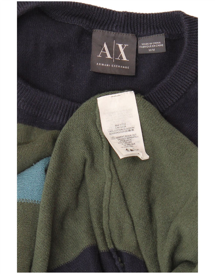 ARMANI EXCHANGE Mens Crew Neck Jumper Sweater Medium Navy Blue Colourblock