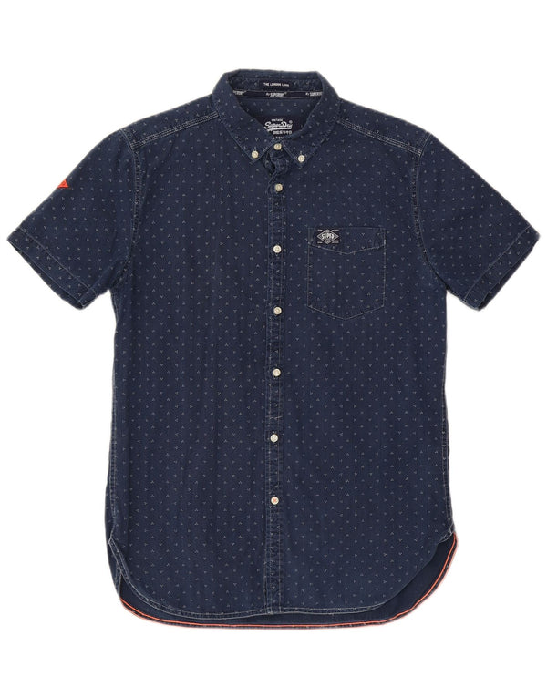Superdry Mens Short Sleeve Shirt Large Navy Blue Spotted Cotton
