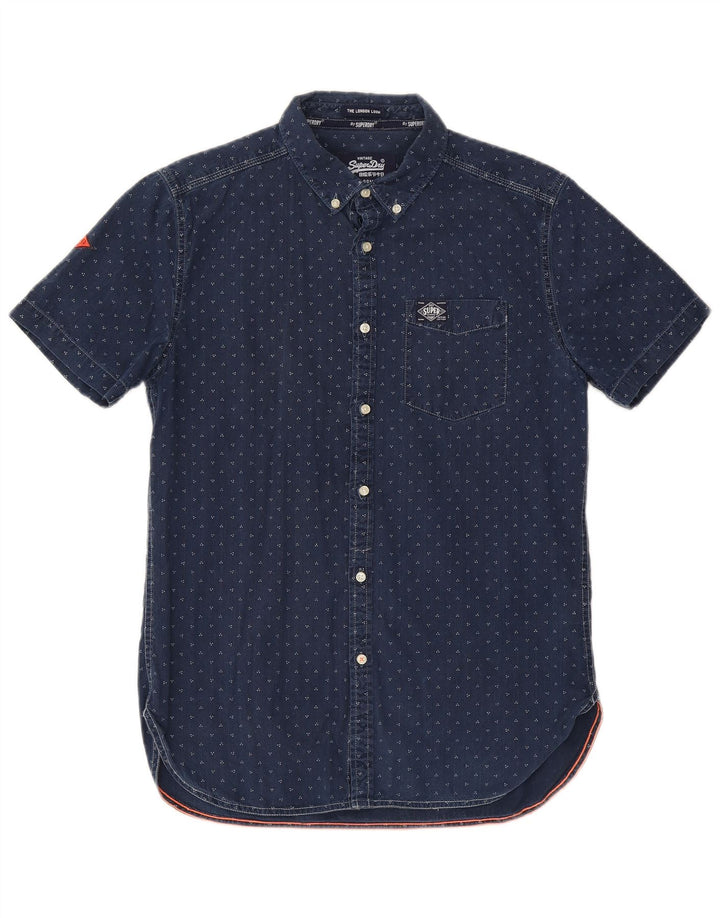 Superdry Mens Short Sleeve Shirt Large Navy Blue Spotted Cotton