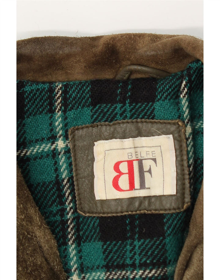 Belfe & Belfe Mens Bomber Leather Jacket UK 38 Medium Khaki Colourblock