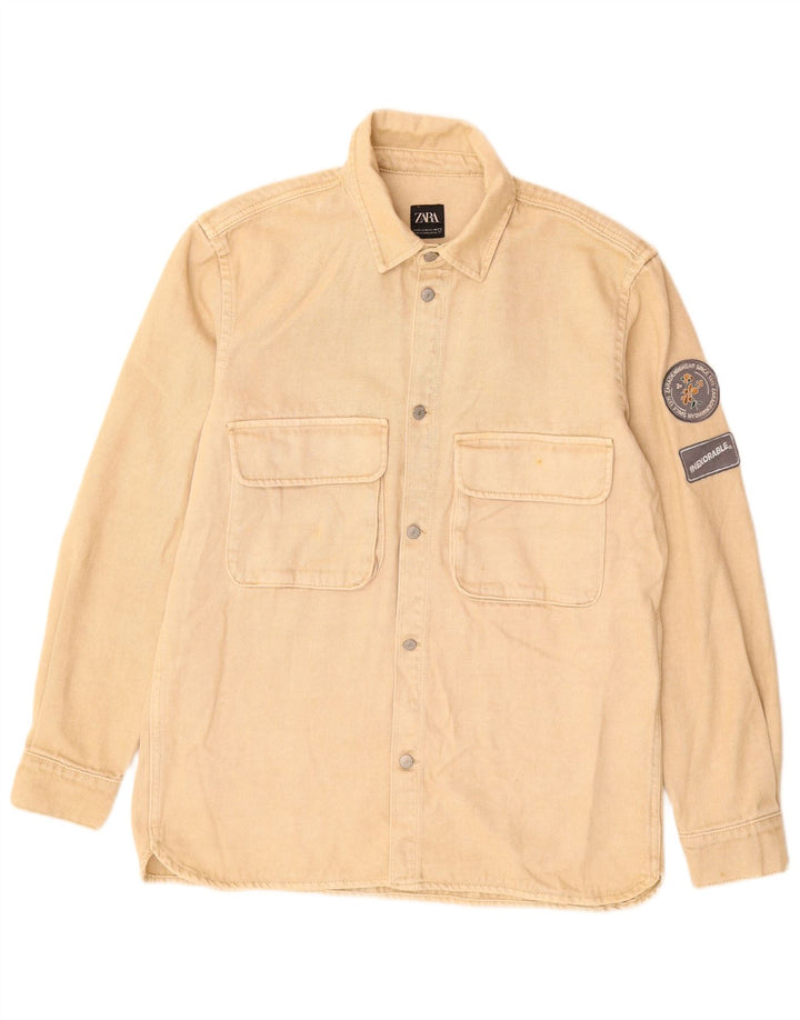 Zara Mens Relaxed Fit Denim Shirt Medium Beige Cotton