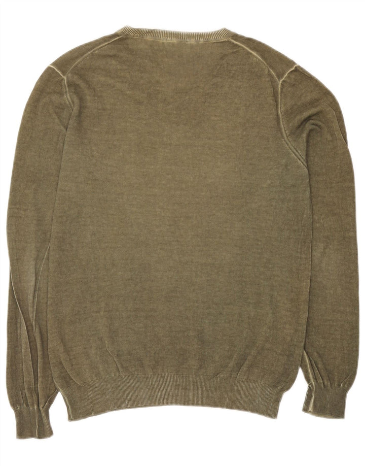 Sisley Mens V-Neck Jumper Sweater Large Khaki