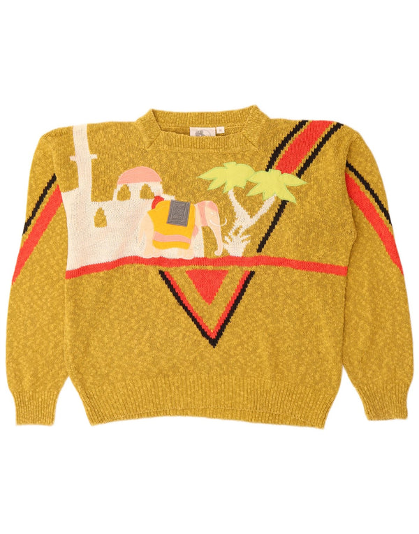 Vintage Womens Graphic Boat Neck Jumper Sweater UK 14 Medium Yellow Flecked