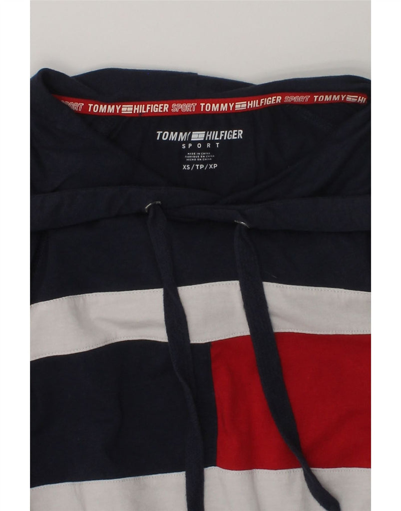 TOMMY HILFIGER Womens Graphic Hoodie Jumper UK 6 XS Navy Blue Colourblock | Vintage Tommy Hilfiger | Thrift | Second-Hand Tommy Hilfiger | Used Clothing | Messina Hembry 