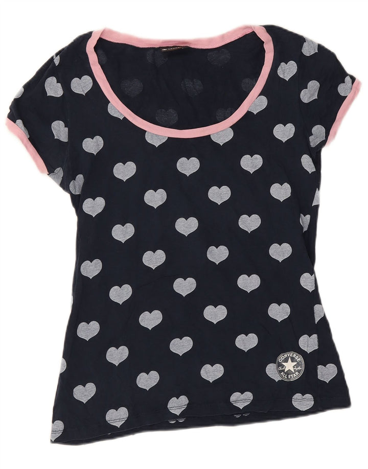 Converse Womens Abstract Pattern T-Shirt Top UK 12 Medium Navy Blue Heart