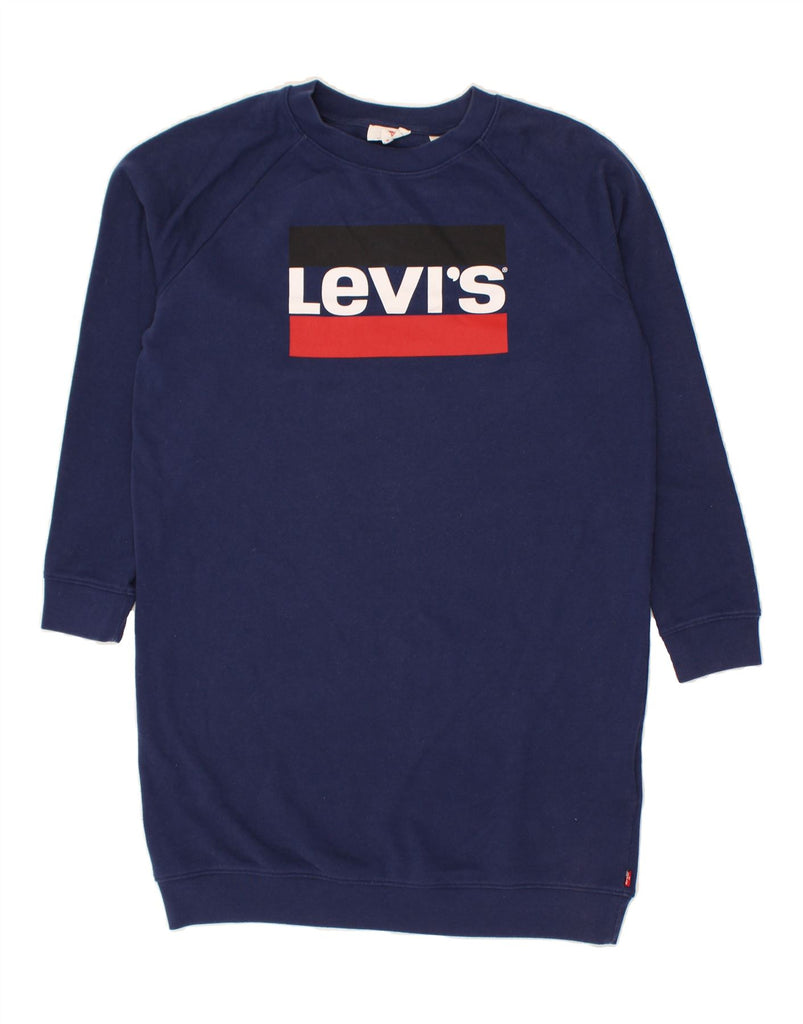 LEVI'S Womens Graphic Sweatshirt Jumper Dress UK 6 XS Navy Blue Cotton | Vintage Levi's | Thrift | Second-Hand Levi's | Used Clothing | Messina Hembry 