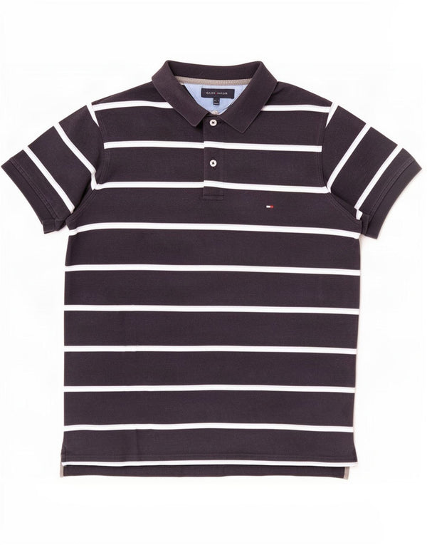 Tommy Hilfiger Mens Slim Fit Polo Shirt Large Navy Blue Striped Cotton