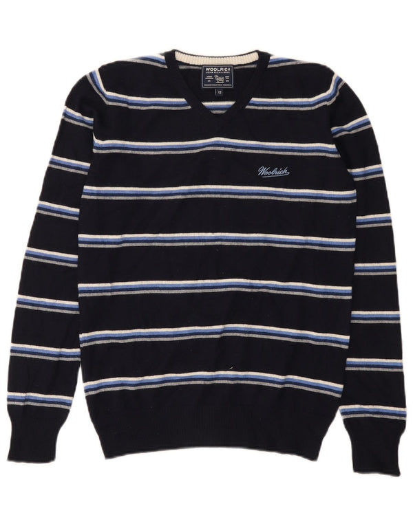 Woolrich Boys V-Neck Jumper Sweater 11-12 Years Navy Blue Striped Wool