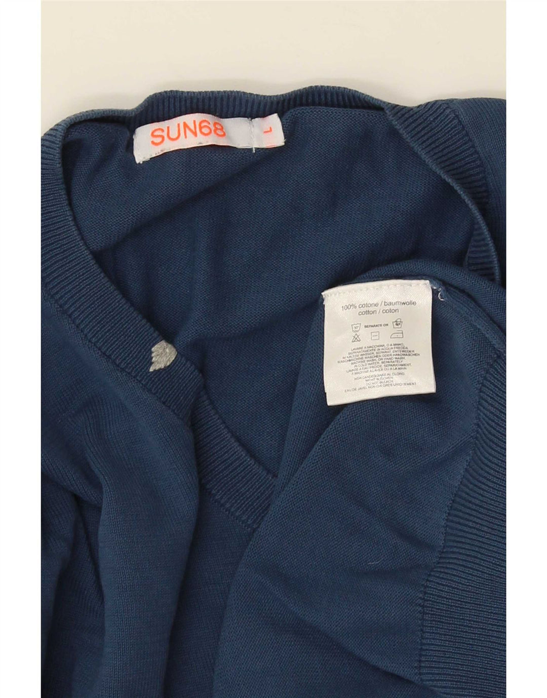 Sun68 Mens V-Neck Jumper Sweater Large Blue Cotton Classic