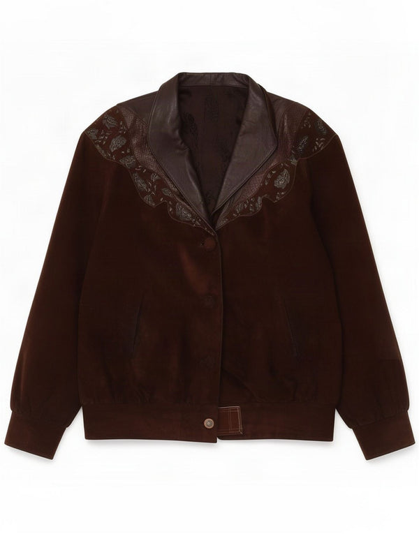 Vintage Womens Oversized Suede Jacket EU 44 XL Brown Floral