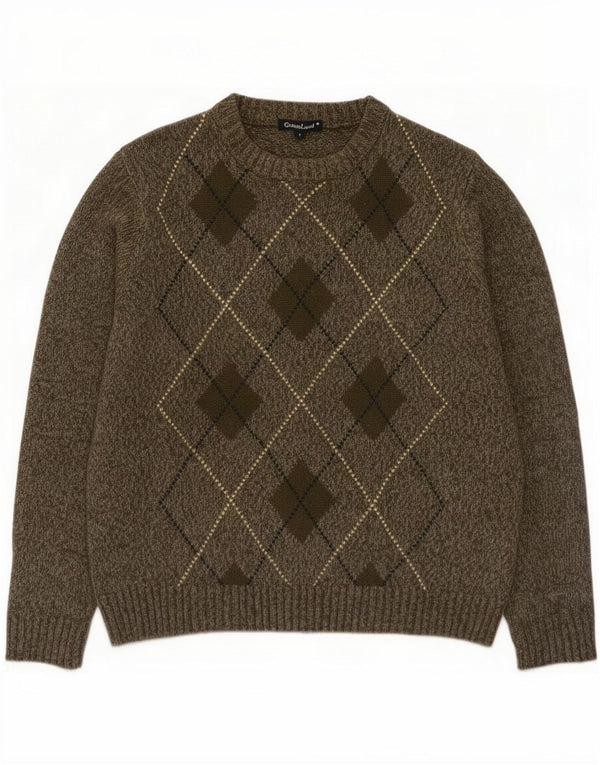 GREENLAND Mens Crew Neck Jumper Sweater Large Khaki Argyle/Diamond Acrylic
