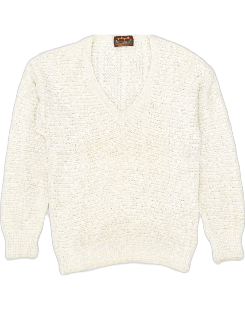 VINTAGE Womens V-Neck Jumper Sweater UK 14 Large Off White Cotton | Vintage Vintage | Thrift | Second-Hand Vintage | Used Clothing | Messina Hembry 