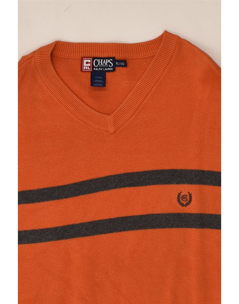 CHAPS Mens V-Neck Jumper Sweater XL Orange Striped Cotton | Vintage Chaps | Thrift | Second-Hand Chaps | Used Clothing | Messina Hembry 