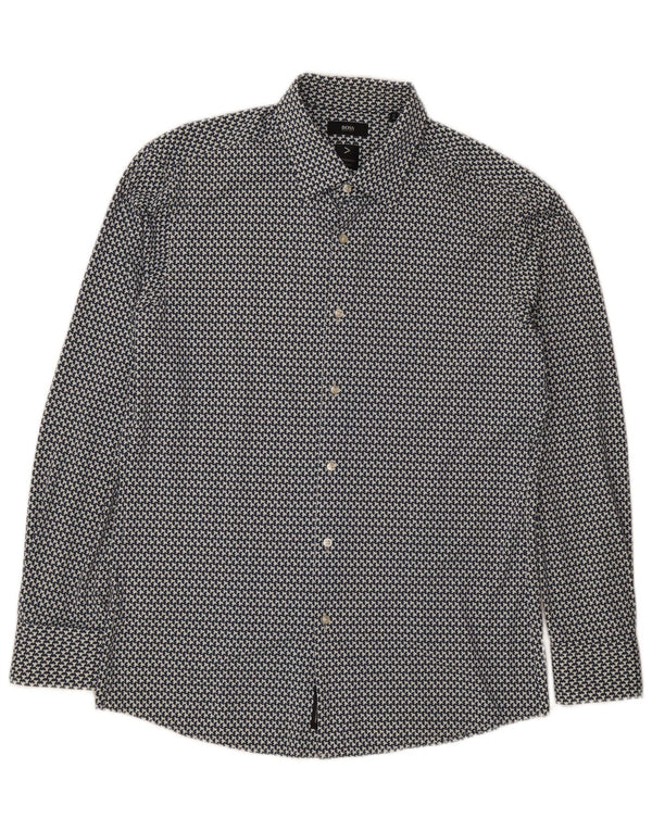 Hugo Boss Mens Slim Fit Shirt Size 42 16 1/2 Large Blue Geometric Polyamide