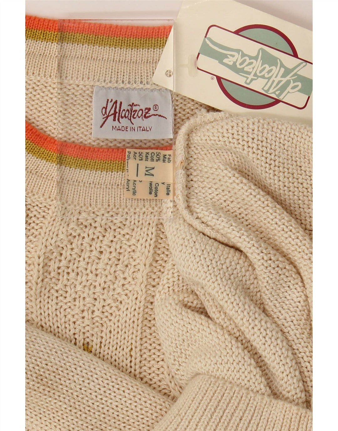 ALCATRAZ Womens Crew Neck Jumper Sweater UK 14 Medium Beige Argyle/Diamond Vintage Alcatraz and Second-Hand Alcatraz from Messina Hembry 