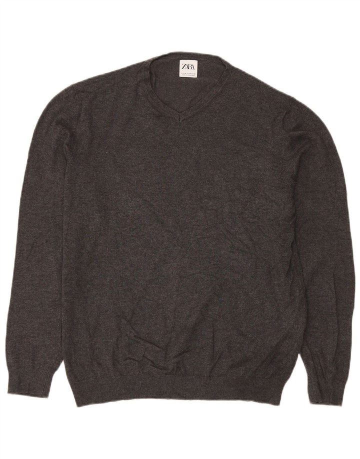 ZARA Mens V-Neck Jumper Sweater Medium Grey Viscose