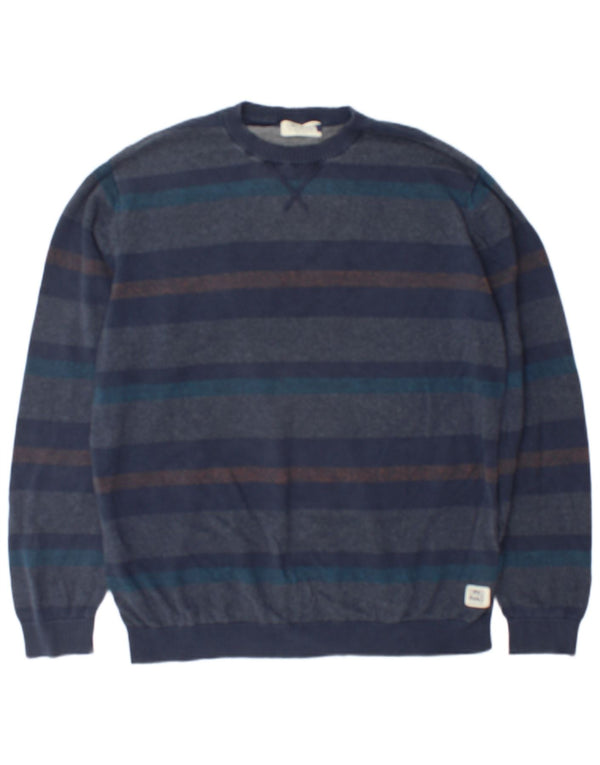 Jack & Jones Mens Crew Neck Jumper Sweater 2XL Navy Blue Striped Cotton