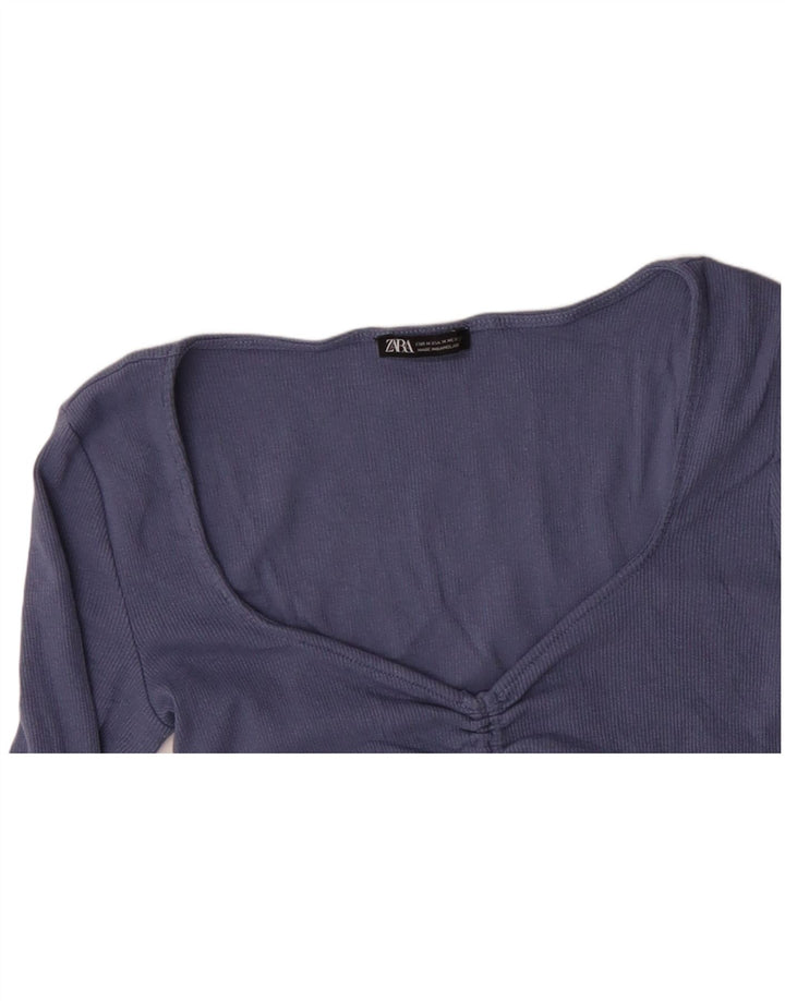ZARA Womens Crop Top Long Sleeve UK 12 Medium Blue Cotton