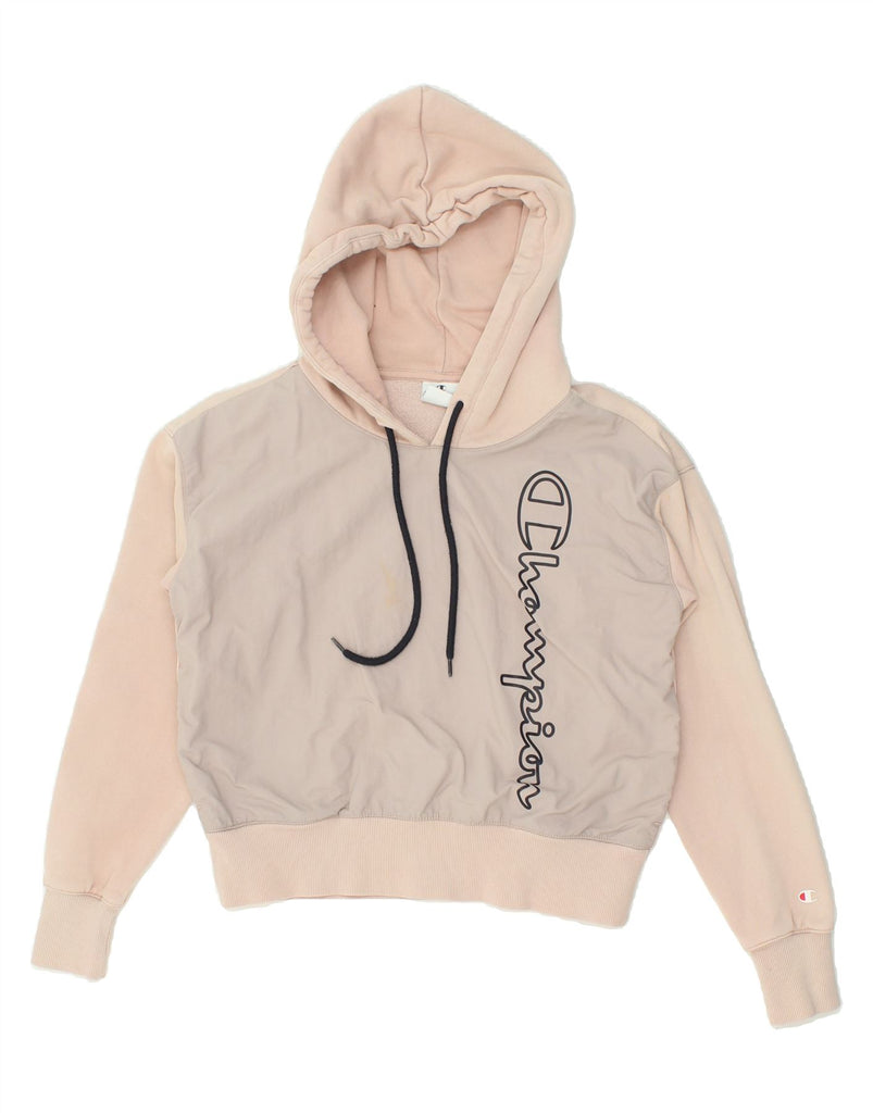 CHAMPION Womens Graphic Crop Hoodie Jumper UK 8 Small Pink Colourblock Vintage Champion and Second-Hand Champion from Messina Hembry 