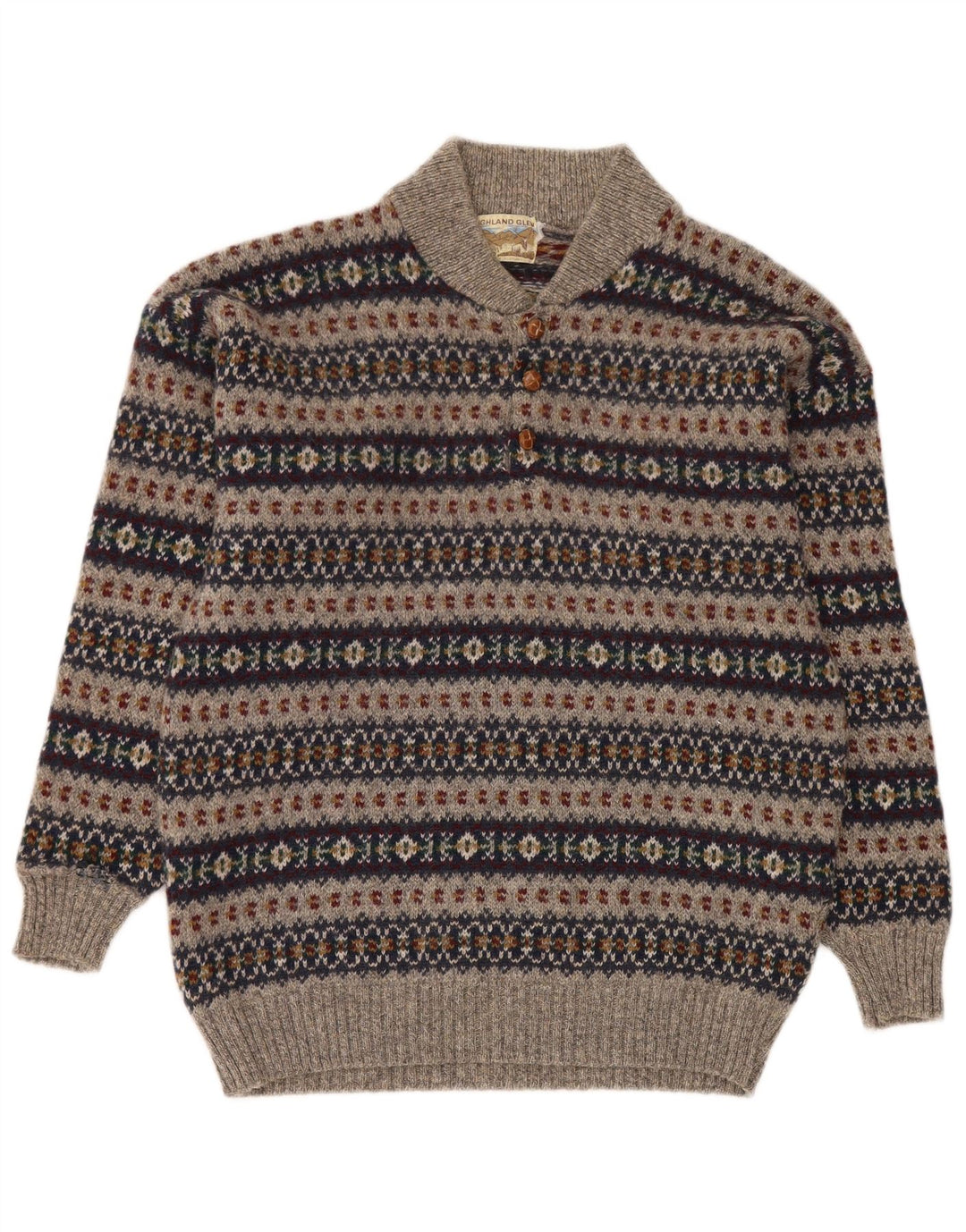 Highland Glen Mens Button Neck Jumper Sweater Medium Grey Fair Isle Wool