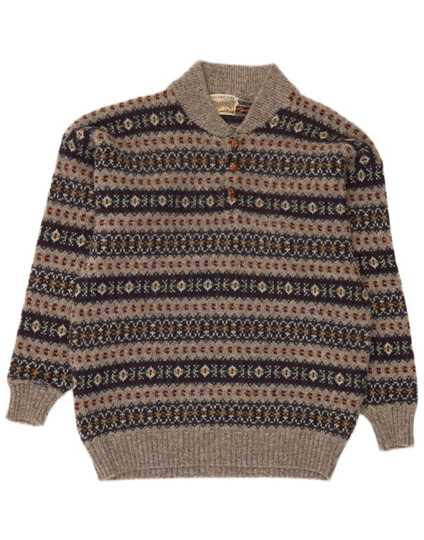 Highland Glen Mens Button Neck Jumper Sweater Medium Grey Fair Isle Wool